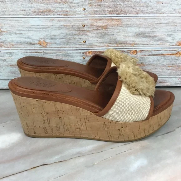 Coach Jazmin Wedge Sandals in Cream Canvas, Brown Leather & Cork - Picture 4 of 11